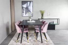 Venture Design Valgomojo stalas, Dipp, 180x90 cm, Juodas / Valgomasis kėdė, Velvetas, 57x76.5x50 cm, Rožinė