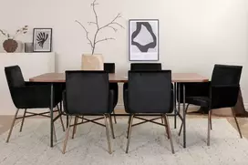 Venture Design Valgomojo stalas, Uno, 200x90 cm, Juodas/Riešutas, Valgomasis kėdė, Petra, 87x57 cm, Nusidėvėjęs varis/Juodas