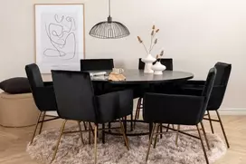 Venture Design Valgomojo stalas, Kopenhaga, 140x74 cm, Juodas / Valgomasis kėdė, Petra, 60x87x57 cm, Juoda aksomas