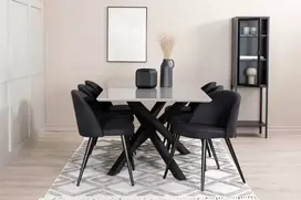 Venture Design Valgomojo stalas, Piazza, 190x90 cm, Juodas Pilkas Furnyras, Valgomasis kėdė, Velvetas, 76.5x50x57 cm, Juoda