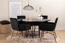 Venture Design Valgomasis stalas, Kopenhaga, 140x74 cm, Juodas / Valgomasis kėdė, Petra, 60x87x57 cm, Juoda aksomas