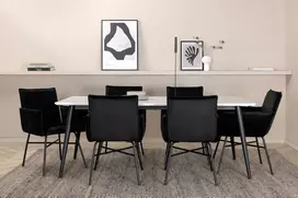 Venture Design Valgomojo stalas, Jimmy, 195x90 cm, Juodas/Baltas, Valgomasis kėdė, Petra, 87x57 cm, Juoda/Juoda aksomas
