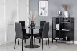 Venture Design Valgomasis stalas, Estelle apvalus, ø106 A75 cm, Juodas / Valgomasis kėdė, Plonas aukštas atlošas, 48x98x42 cm, Juodas