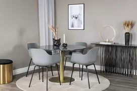 Venture Design Valgomasis stalas, Estelle apvalus, ø106 A75 cm, Juodas / Bronza+Valgomasis kėdė, Comfort, 52x79.5x60.5 cm, Pilka