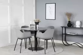 Venture Design Valgomasis stalas, Estelle, ø106 A75 cm, Juodas / Valgomasis kėdė, Gemma, 52x79.5x60.5 cm, Pilka