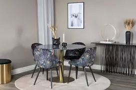 Venture Design Valgomojo stalas, Estelle, ø106x75 cm, Juodas / Valgomasis kėdė, Velvetas, 55x78x50.5 cm, Juoda