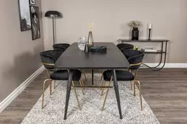 Venture Design Valgomasis stalas ir kėdžių komplektas, auksinis išplėtimas ir rodyklė, stalas: 180x85x76 cm, kėdė: 79x58x61 cm, juoda