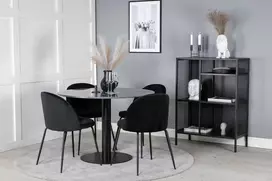 Venture Design Valgomojo stalas, Estelle apvalus, ø106 A75 cm, Juodas / Valgomasis kėdė, Raukšlės, 50x79.5x49 cm, Juoda