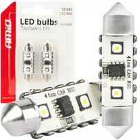 LED lemputės, Canbus, festoon, C5W, 2SMD, 3838, 41 mm, baltos, 12 V, 24 V, amio-04250