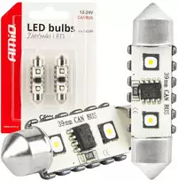 LED lemputės, Canbus, festoon, C5W, 2SMD, 3838, 39 mm, baltos, 12 V, 24 V, amio-04249