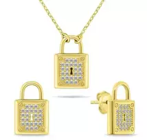 Brilio Silver Auksuotas papuošalų rinkinys su cirkoniais „Padlock“ SET281Y (karolis, auskarai)