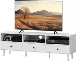 HOMCOM TV spintelė TV lenta su stalčiais, 3 atviri skyriai 140 cm ilgio TV lenta su kabelių valdymu, skirta televizoriams iki 75 colių TV staliukas svetainėje, baltas 140x34x45cm