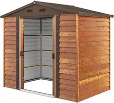 Outsunny metalinis sodo namelis medžio imitacijos dizainu 3 m² 152 x 235,7 x 208,7 cm įrankių laikymo pastogė su dvišlaičiu stogu, langu, dvigubomis stumdomomis durimis, atsparus oro sąlygoms lauko sodo namelis kiemui, rudos spalvos