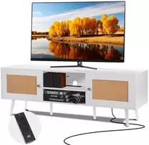 Baltas TV staliukas iš ratano su integruotu lizdu, 65 colių TV spintelė, komoda
