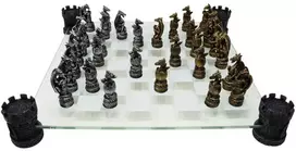 Mysticallstm Mayer Chess Drakonų fantazijos šachmatai su stikline lenta 42×42 cm, rankomis dažyti
