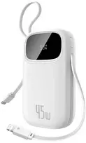 Baseus „EnerFill FC31“ 20000mAh 45W išorinė baterija su skaitmeniniu ekranu ir 2 integruotais laidais (USB-C + „Lightning“) – balta