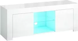 TV staliukas HOMCOM Televizoriaus spintelė su LED apšvietimu, 2 durelėmis, stikliniu skyriumi, kabelių angomis, svetainei, medžio drožlių plokštė, balta