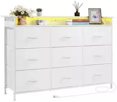 9 stalčių komoda, aukšta, medžiaginė komoda su LED ir lizdu, balta laikymo skrynia