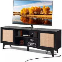 Juodas TV staliukas 75" TV, ratano spintelė, komoda su rozete, TV konsolė, media centras