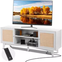 Baltas TV staliukas iki 191cm TV, 3 lentynos, svetainės spintelė, TV komoda, ratano TV spintelė