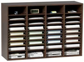 Medinis literatūros organizatorius, 36 skyriai, reguliuojamos lentynos, 997x305x680 mm, rudas, biuro pašto dėžutė, dokumentų dėklas, katalogų stovas