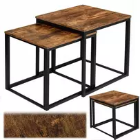 Kavos staliukų komplektas, 2 vnt., lofto stiliaus, rudos spalvos, įdedami, šoniniai, prie sofos