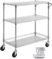 Virtuvės vežimėlis, 3 aukštų, metalinis, 300 kg, su ratukais ir kabliukais, tvirtas, mobilus, sandėliavimo, serviravimo