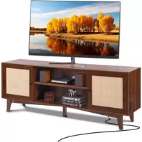 Rotango TV Staliukas 191 cm Televizoriui, Riešuto Spalvos TV Spintelė, Boho TV Staliukas, Medinė TV Konsolė