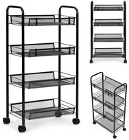 Modernhome Juoda metalinė lentyna su 4 lentynomis ir ratukais