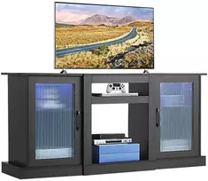 TV staliukas Medinis TV stovas televizoriams iki 1651 mm, modernus pramogų centras su LED šviesomis, juoda TV spintelė su stiklinėmis durelėmis