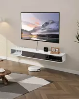 Plaukiojantis TV staliukas 55 colių, sieninis pramogų centras, moderni TV lentyna su saugykla, balta konsolė DVD grotuvui