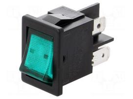 ROCKER | DPST | Pos: 2 | OFF-ON | 10A/250VAC | 10A/28VDC | green