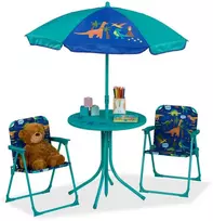 Relaxdays Vaikiškų stovyklavimo baldų komplektas, stalas 49,5x49,5 cm, kėdės 53x36x37,5 cm, skėtis 87,5-126x100 cm