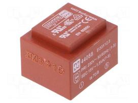 Transformer: encapsulated | 1.5VA | 230VAC | 15V | 100mA | Mounting: PCB