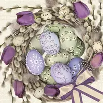 Velykinės servetėlės su violetinėmis tulpėmis ir vainikais, 20 vnt., 33x33 cm