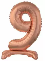 Rožinio aukso spalvos folijos balionas „Skaičius 9“ su pagrindu, 74 cm