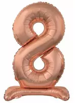 Rožinio aukso spalvos folijos balionas „Skaičius 8“ su pagrindu, 74 cm