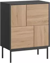 Komoda su "Push-to-Open" durelėmis, Valgomojo spintelė su metalinėmis kojelėmis, Virtuvės spintelė, MDF, Juoda+Natūralaus medžio