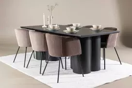 Venture Design Valgomojo komplektas Olivia valgomojo stalas su Berit valgomojo kėdė 210x100 cm juoda ruda poliesterio kordurojas plienas