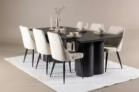 Venture Design Valgomojo komplektas Olivia valgomojo stalas su Leone valgomojo kėdė 210x100 cm juoda smėlio spalvos mediena aksomas plienas