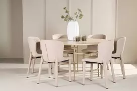 Venture Design Valgomojo komplektas Kopenhaga stalas su 6 Astorijos kėdėmis 140 cm smėlio spalvos
