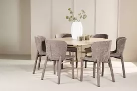 Venture Design Valgomojo stalo ir kėdžių komplektas Kopenhaga stalas su 6 Astorijos kėdėmis 140 cm balintos medienos, smėlio spalvos, rudos spalvos