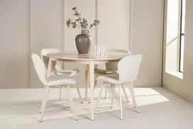 Venture Design Valgomojo komplektas Flora stalas su 4 Lilja kėdėmis 120x120 cm balintos ąžuolo spalvos mediena