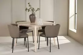 Venture Design Valgomojo komplektas Flora stalas su 4 Edina kėdėmis 120 cm balta ruda mediena audinys