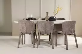 Venture Design Valgomojo stalas ir kėdžių komplektas Narvik stalas su 6 Astoria kėdėmis 100x200 cm smėlio rudos spalvos
