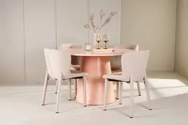 Venture Design Valgomojo stalas ir kėdžių komplektas Lanzo stalas ir 4 Astoria kėdės 120 cm persikų ir smėlio spalvos