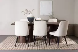 Venture Design Valgomojo komplektas Olivia valgomojo stalas su Leone valgomojo kėdė 100x210 cm smėlio spalvos veliūras plienas MDF