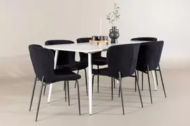 Venture Design Valgomojo stalo ir kėdžių komplektas Silar valgomojo stalas su Modesto valgomojo kėde 180x90 cm balta juoda plienas apmuštas