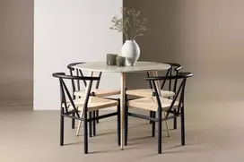 Venture Design Valgomojo stalas ir kėdžių komplektas Plaza valgomojo stalas ir Alfons valgomojo kėdė 100 cm balta MDF rotangas plienas