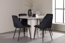 Venture Design Valgomojo komplektas Olivia valgomojo stalas ir naktinės kėdės 110 cm smėlio juoda MDF aksomas plienas